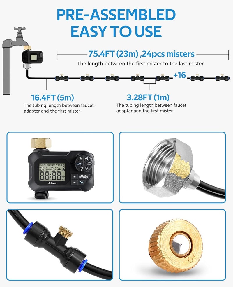 homenote Automatic Misting Cooling System with Timer, 91.8FT Misting Line, 24 Brass Nozzles, and 3/4" Brass Adapter for Patio Cooling and Garden Watering - Image 3